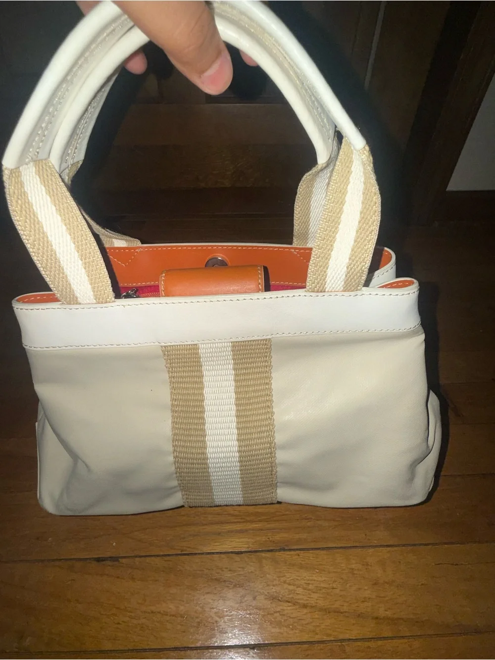 Maxx New York Cream & Tan Stripe Top-Handle Shoulder Bag